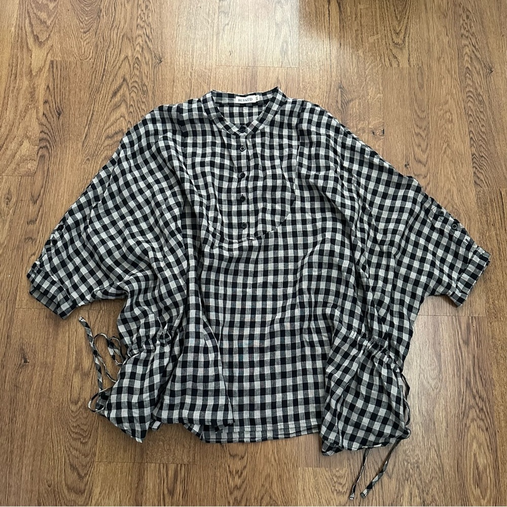Buykud Black White Checkered Blouse Top Lagenlook 100% linen oversized